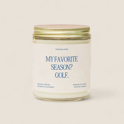 a white jar with a label on it that says, my favorite season? golf