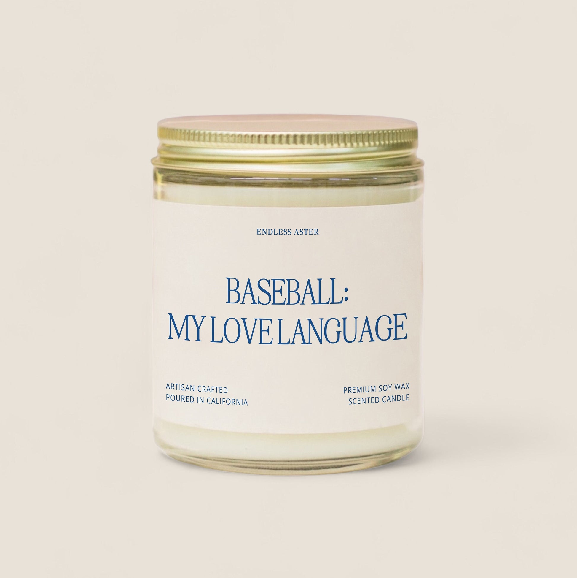 A candle with the saying &quot;Baseball: MyLove Language&quot;