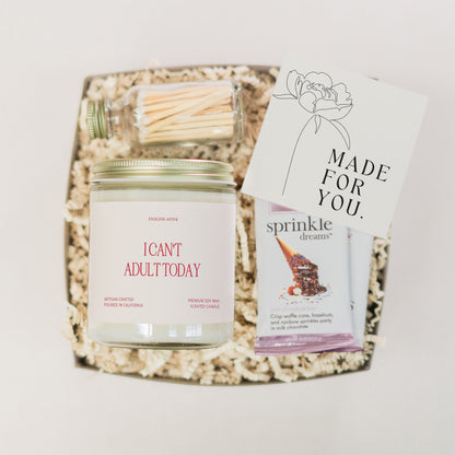 Relaxation Care Package "I Can't Adult Today" Candle Gift Box, Calming and Soothing Scented Candle, Stress Relief Self Care Gift for Friends