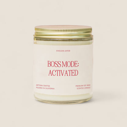 a white jar with a red label that says boss mode activated