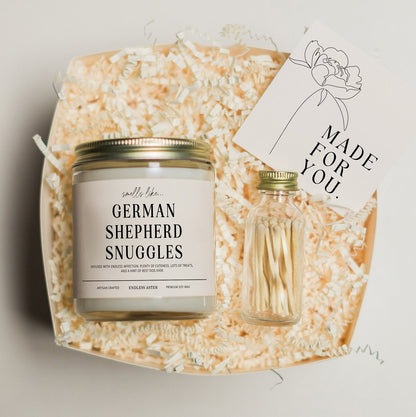 Smells Like GERMAN SHEPHERD Snuggles Funny Candle Gift Box for Dog Owner, New Pet Parent Gift, Dog Mom or Dad Birthday Gift for Dog Lover